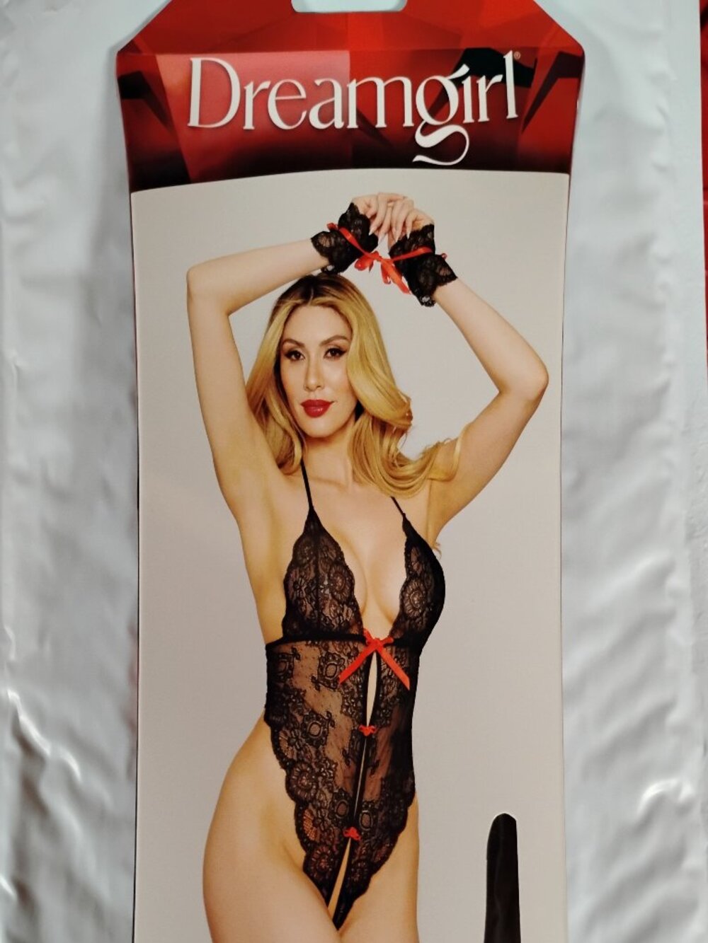 Dreamgirl Black Lace Open Crotch Teddy w/ Cuffs One Size